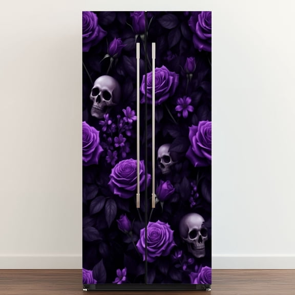 Self Adhesive Vinyl Refrigerator Wrap Set Dark Gothic Roses Skulls Purple Floral Door Mural Removable Fridge Sticker Peel and Stick Full Door Cover Decal Kitchen Bar Decor