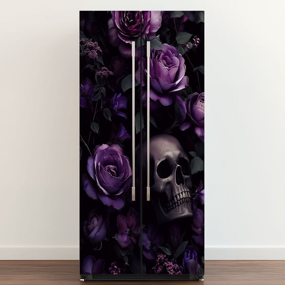 Self Adhesive Vinyl Refrigerator Wrap Set Dark Gothic Roses Skulls Purple Floral Door Mural Removable Fridge Sticker Peel and Stick&nbsp;Full Door Cover Decal Kitchen Bar Decor
