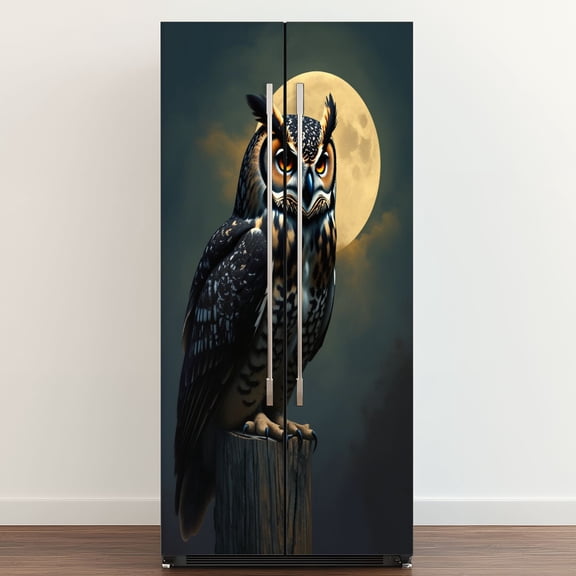Self Adhesive Vinyl Refrigerator Wrap Set Dark Owl Full Moon Mysterious Nocturnal Animal Gothic Door Mural Removable Fridge Sticker Peel and Stick&nbsp;Full Door Cover Decal Kitchen Bar Decor