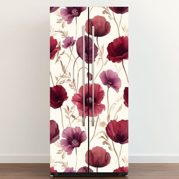 Self Adhesive Vinyl Refrigerator Wrap Set Dark Red Flowers Boho Leaf Blossom Vintage Florals Floral Door Mural Removable Fridge Sticker Peel and Stick Full Door Cover Decal Kitchen Bar Decor
