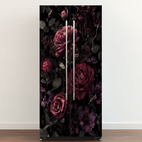 Self Adhesive Vinyl Refrigerator Wrap Set Deep Burgundy Roses Dark Floral Black Dark Gothic Door Mural Removable Fridge Sticker Peel and Stick Full Door Cover Decal Kitchen Bar Decor