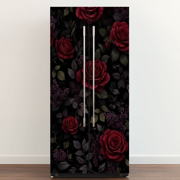 Self Adhesive Vinyl Refrigerator Wrap Set Deep Burgundy Roses Dark Floral Black Door Mural Removable Fridge Sticker Peel and Stick&nbsp;Full Door Cover Decal Kitchen Bar Decor