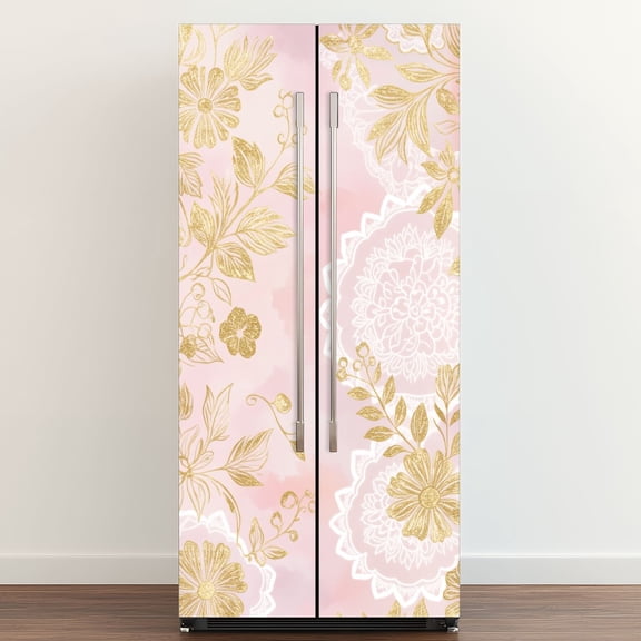 Self Adhesive Vinyl Refrigerator Wrap Set Delicate Gold Floral Lace Soft Pink Door Mural Removable Fridge Sticker Peel and Stick Full Door Cover Decal Kitchen Bar Decor