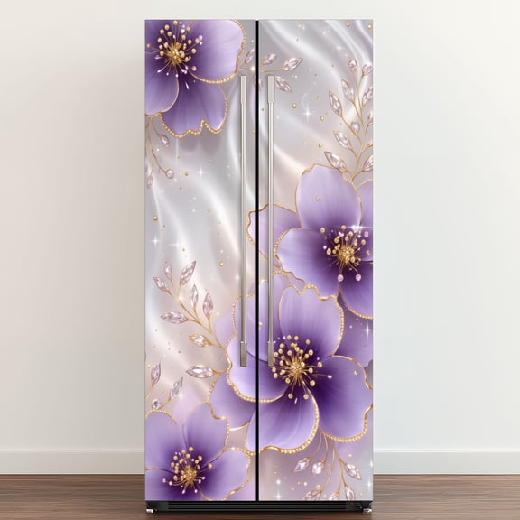 Self Adhesive Vinyl Refrigerator Wrap Set Delicate Purple Floral Design Gold Accents Gemstone Door Mural Removable Fridge Sticker Peel and Stick&nbsp;Full Door Cover Decal Kitchen Bar Decor