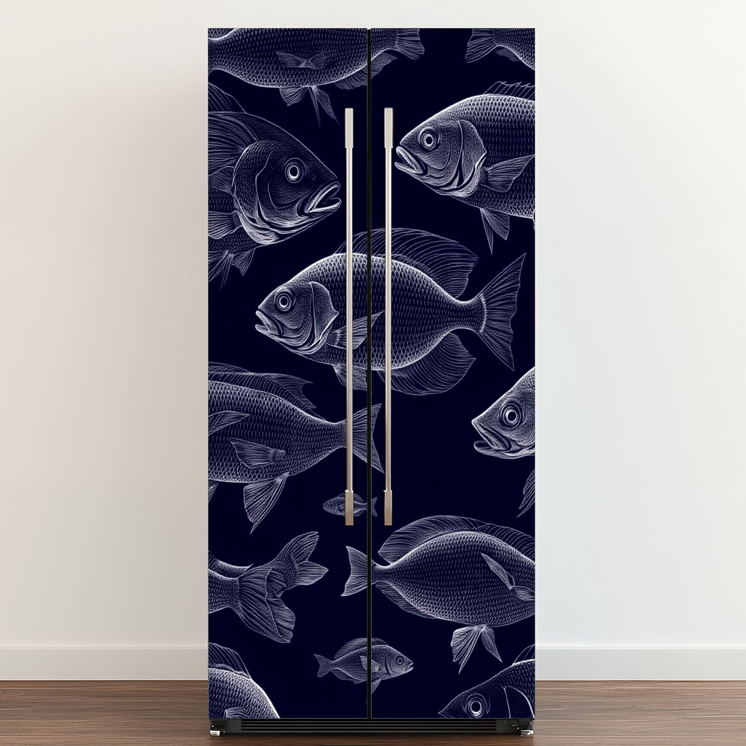 Self Adhesive Vinyl Refrigerator Wrap Set Detailed Fish Swimming Dark Patterned Door Mural Removable Fridge Sticker Peel and Stick&nbsp;Full Door Cover Decal Kitchen Bar Decor