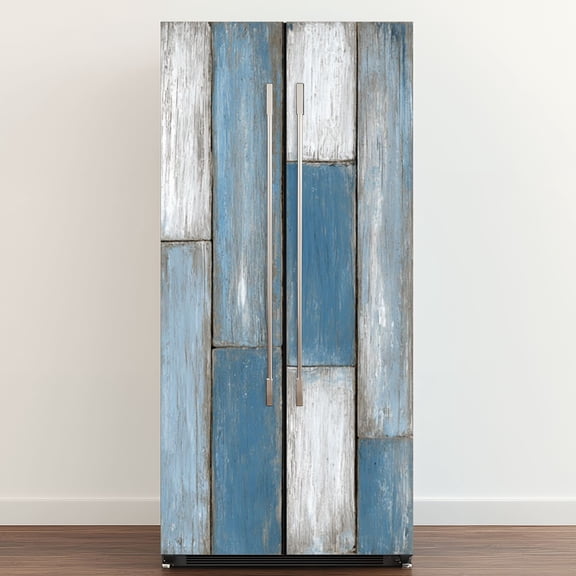 Self Adhesive Vinyl Refrigerator Wrap Set Distressed Blue White Wooden Plank Wall Rustic Door Mural Removable Fridge Sticker Peel and Stick&nbsp;Full Door Cover Decal Kitchen Bar Decor