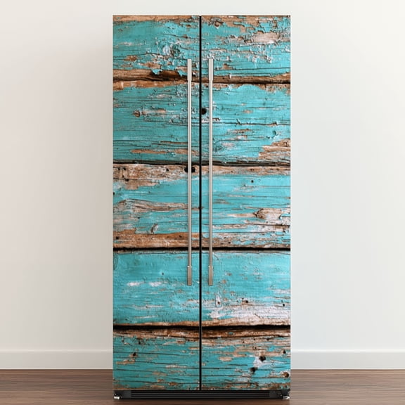 Self Adhesive Vinyl Refrigerator Wrap Set Distressed Turquoise Wooden Planks Rustic Door Mural Removable Fridge Sticker Peel and Stick Full Door Cover Decal Kitchen Bar Decor