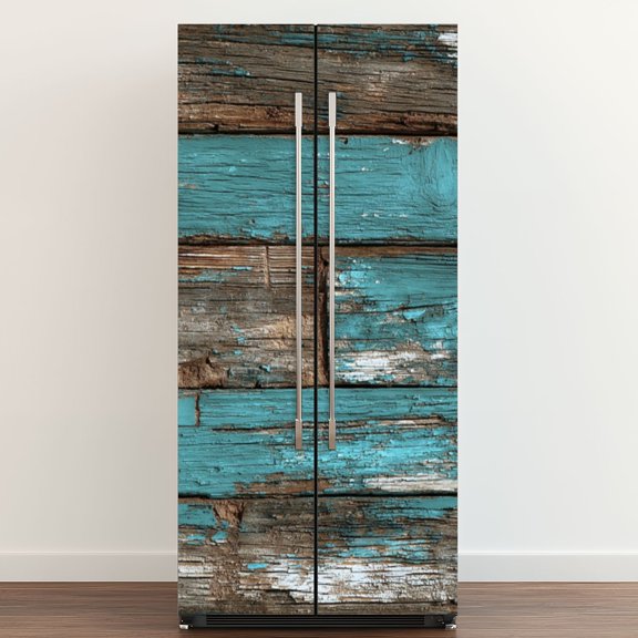 Self Adhesive Vinyl Refrigerator Wrap Set Distressed Wooden Planks Turquoise Paint Natural Wood Door Mural Removable Fridge Sticker Peel and Stick Full Door Cover Decal Kitchen Bar Decor