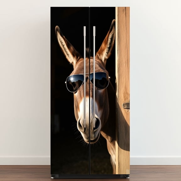 Self Adhesive Vinyl Refrigerator Wrap Set Donkey Raccoon Animal Peeking Sunglasses Donkey Door Mural Removable Fridge Sticker Peel and Stick&nbsp;Full Door Cover Decal Kitchen Bar Decor