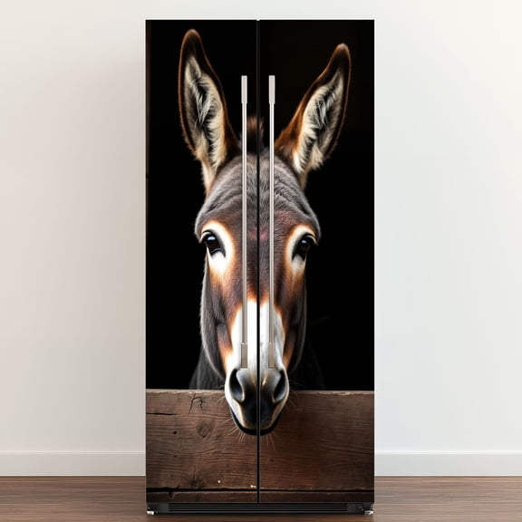 Self Adhesive Vinyl Refrigerator Wrap Set Donkey Wood Board Farmhouse Expressive Eyes Fur Door Mural Removable Fridge Sticker Peel and Stick&nbsp;Full Door Cover Decal Kitchen Bar Decor