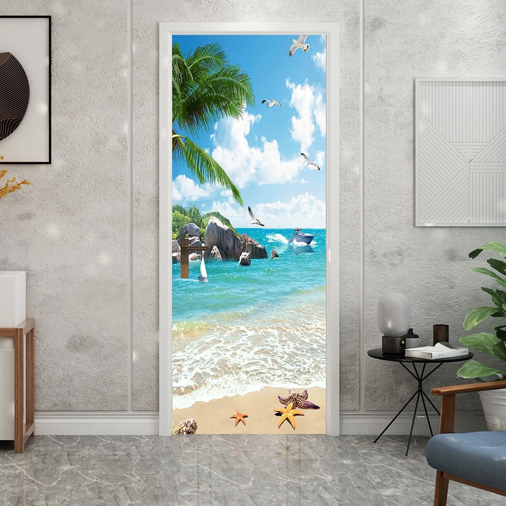 Self Adhesive Vinyl Refrigerator Wrap Set Below Door Mural Removable Fridge Sticker Peel and Stick Full Door Cover Decal Coastal Nautical Ocean Kitchen Decor