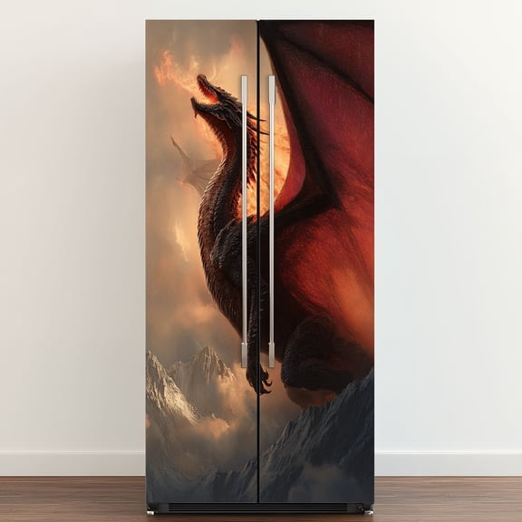 Self Adhesive Vinyl Refrigerator Wrap Set Dragon Art Fantasy Magical Boys Room Decor Gaming Door Mural Removable Fridge Sticker Peel and Stick&nbsp;Full Door Cover Decal Kitchen Bar Decor