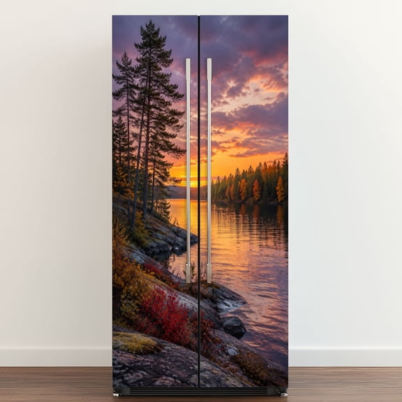 Self Adhesive Vinyl Refrigerator Wrap Set Dramatic sunset lake Door Mural Removable Fridge Sticker Peel and Stick Full Door Cover Decal Kitchen Bar Decor