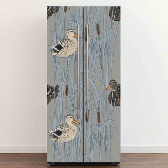 Self Adhesive Vinyl Refrigerator Wrap Set Duck Blue Grass Brown Reeds Nature Door Mural Removable Fridge Sticker Peel and Stick Full Door Cover Decal Kitchen Bar Decor