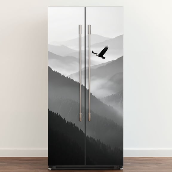Self Adhesive Vinyl Refrigerator Wrap Set Eagle Shadow Misty Ridges Door Mural Removable Fridge Sticker Peel and Stick Full Door Cover Decal Kitchen Bar Decor