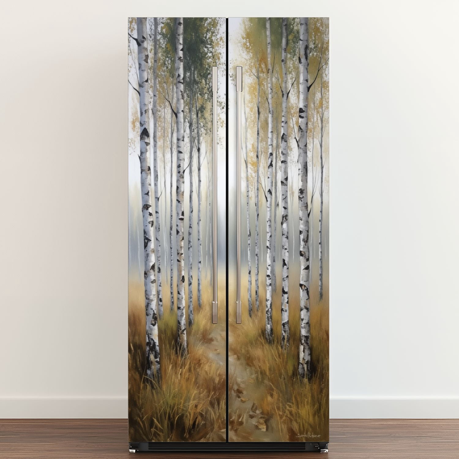 Self Adhesive Vinyl Refrigerator Wrap Set Early Morning Mist Leaf Dotted Grass Landscape Door Mural Removable Fridge Sticker Peel and Stick&nbsp;Full Door Cover Decal Kitchen Bar Decor