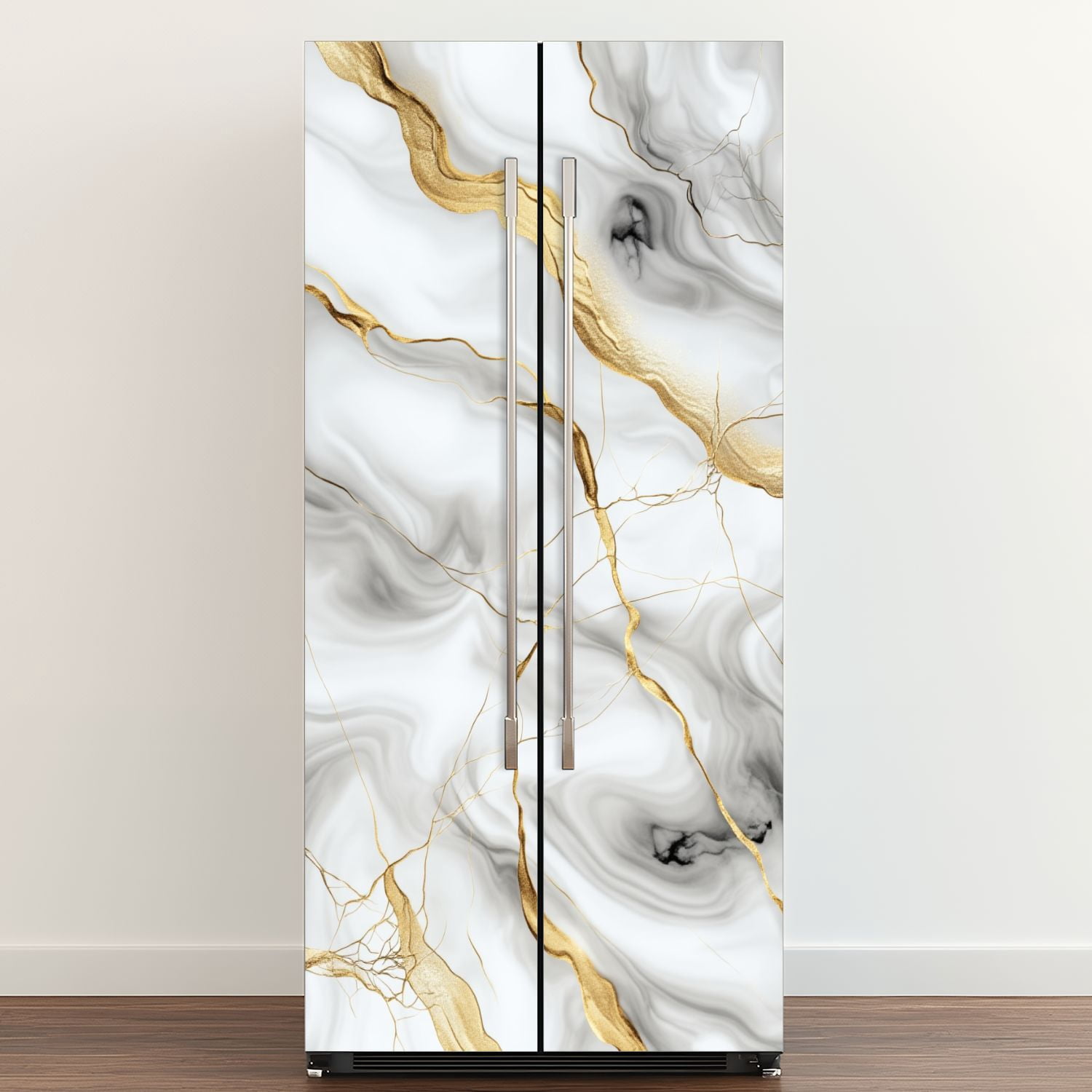 Self Adhesive Vinyl Refrigerator Wrap Set Elegant Black White Marble Gold Veins Abstract Design Door Mural Removable Fridge Sticker Peel and Stick&nbsp;Full Door Cover Decal Kitchen Bar Decor