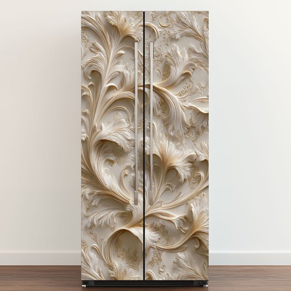 Self Adhesive Vinyl Refrigerator Wrap Set Elegant Embossed Floral Design Intricate Leaves Petals Door Mural Removable Fridge Sticker Peel and Stick&nbsp;Full Door Cover Decal Kitchen Bar Decor