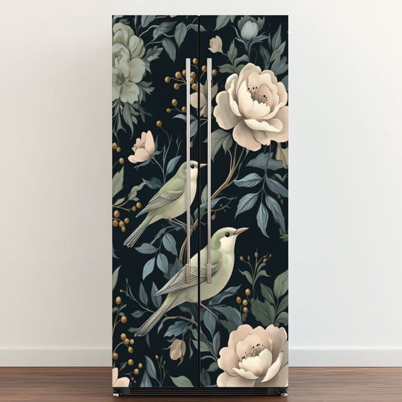 Self Adhesive Vinyl Refrigerator Wrap Set Elegant Floral Bird Soft Cream Flowers Green Foliage Dark Door Mural Removable Fridge Sticker Peel and Stick Full Door Cover Decal Kitchen Bar Decor