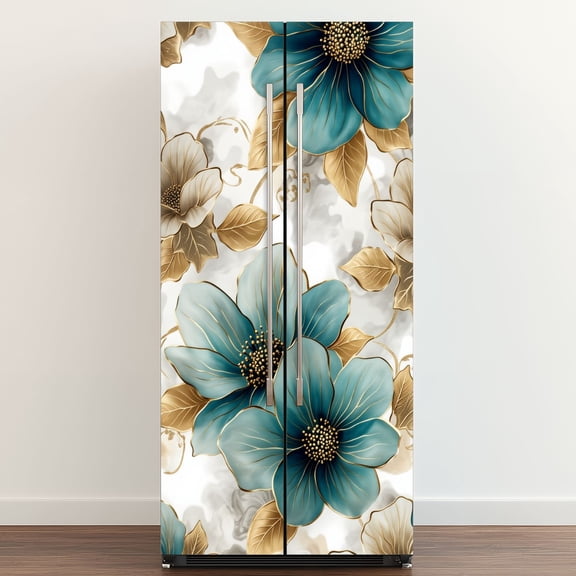 Self Adhesive Vinyl Refrigerator Wrap Set Elegant Floral Teal Gold Tones White Door Mural Removable Fridge Sticker Peel and Stick Full Door Cover Decal Kitchen Bar Decor