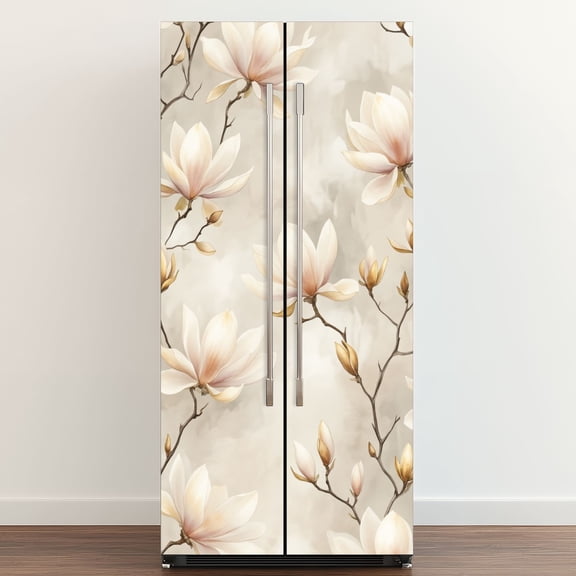 Self Adhesive Vinyl Refrigerator Wrap Set Elegant Magnolia Flowers Soft Beige Cream Tones Door Mural Removable Fridge Sticker Peel and Stick Full Door Cover Decal Kitchen Bar Decor