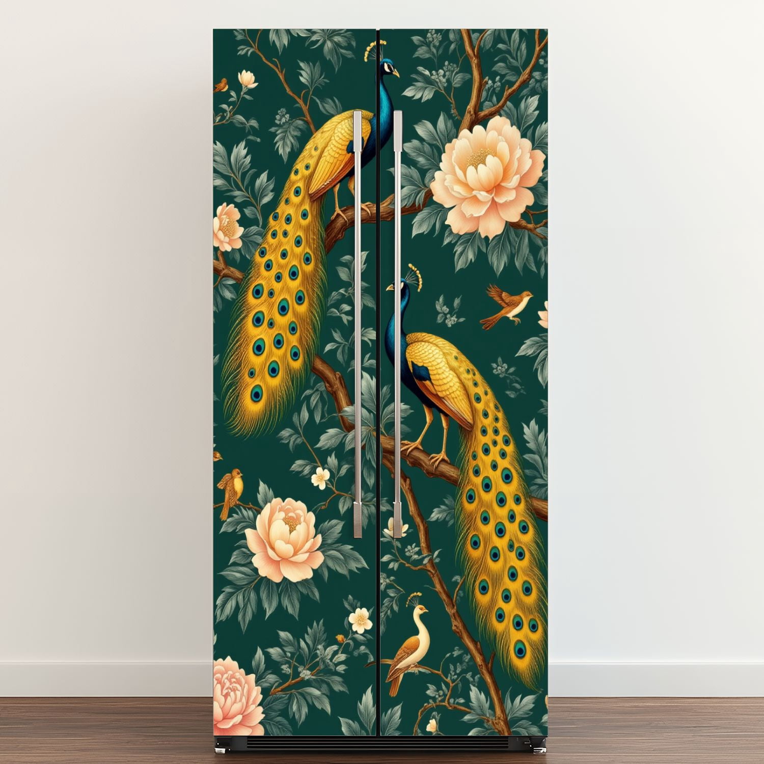 Self Adhesive Vinyl Refrigerator Wrap Set Elegant Peacock Floral Design Vintage Style Dark Green Door Mural Removable Fridge Sticker Peel and Stick&nbsp;Full Door Cover Decal Kitchen Bar Decor