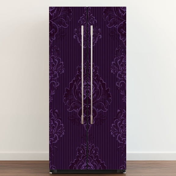 Self Adhesive Vinyl Refrigerator Wrap Set Elegant Purple Damask Floral Vintage Baroque Style Door Mural Removable Fridge Sticker Peel and Stick&nbsp;Full Door Cover Decal Kitchen Bar Decor