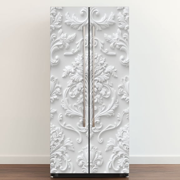 Self Adhesive Vinyl Refrigerator Wrap Set Elegant White Floral Baroque Style Embossed Wall Door Mural Removable Fridge Sticker Peel and Stick&nbsp;Full Door Cover Decal Kitchen Bar Decor
