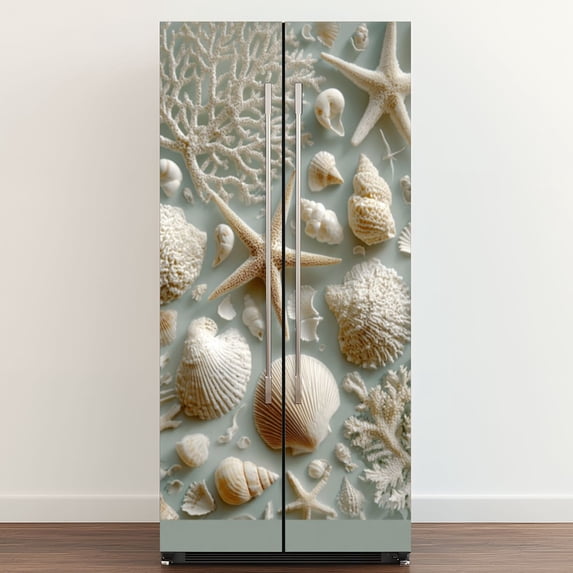 Self Adhesive Vinyl Refrigerator Wrap Set Elegant White Seashells Coral ...