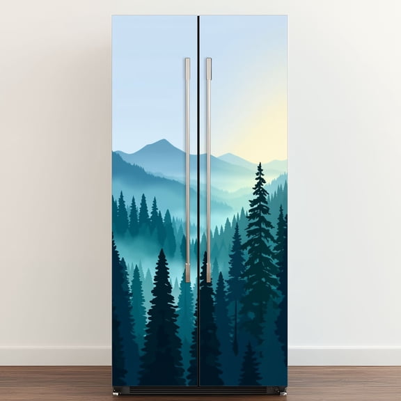 Self Adhesive Vinyl Refrigerator Wrap Set Ethereal Forest Scene Mist Serene Lighting Door Mural Removable Fridge Sticker Peel and Stick Full Door Cover Decal Kitchen Bar Decor