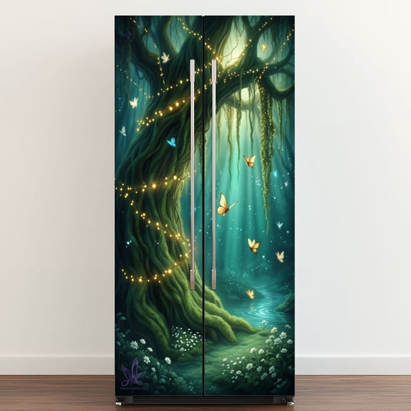 Self Adhesive Vinyl Refrigerator Wrap Set Fairies Butterflies Nightshade Flowers Forest Door Mural Removable Fridge Sticker Peel and Stick&nbsp;Full Door Cover Decal Kitchen Bar Decor