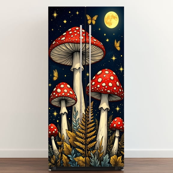 Self Adhesive Vinyl Refrigerator Wrap Set Fantasy Red Toadstool Mushrooms Glowing Night Sky Door Mural Removable Fridge Sticker Peel and Stick Full Door Cover Decal Kitchen Bar Decor