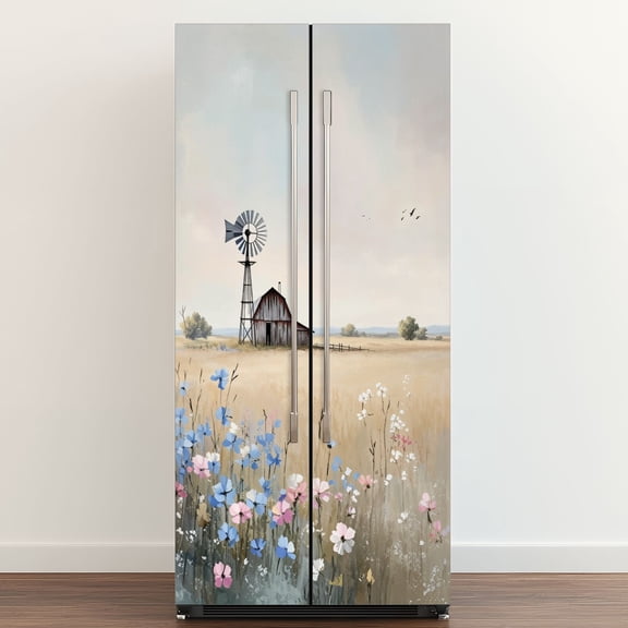 Self Adhesive Vinyl Refrigerator Wrap Set Farmhouse Country Rustic Painting Windmill Barn Wildflowers Door Mural Removable Fridge Sticker Peel and Stick Full Door Cover Decal Kitchen Bar Decor