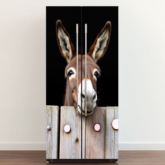 Self Adhesive Vinyl Refrigerator Wrap Set Farmhouse Donkey Head Large Ears Expressive Eyes Door Mural Removable Fridge Sticker Peel and Stick&nbsp;Full Door Cover Decal Kitchen Bar Decor