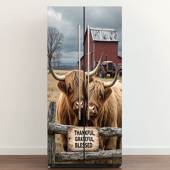 Self Adhesive Vinyl Refrigerator Wrap Set Farmhouse Highland Cow Rustic Country Vintage Door Mural Removable Fridge Sticker Peel and Stick Full Door Cover Decal Kitchen Bar Decor