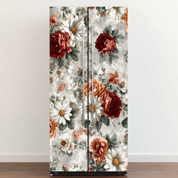 Self Adhesive Vinyl Refrigerator Wrap Set Floral Artwork Sunlit Roses Daisies Boho Watercolor vintage Door Mural Removable Fridge Sticker Peel and Stick Full Door Cover Decal Kitchen Bar Decor