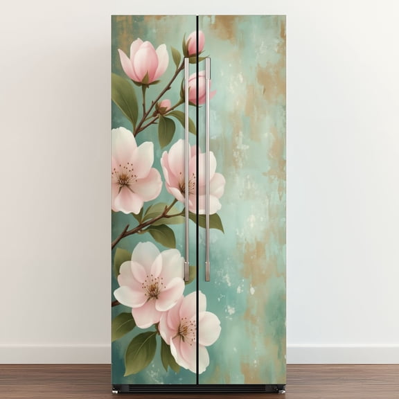 Self Adhesive Vinyl Refrigerator Wrap Set Floral Flower Tree Modern Green Floral Branches Cherry Door Mural Removable Fridge Sticker Peel and Stick&nbsp;Full Door Cover Decal Kitchen Bar Decor