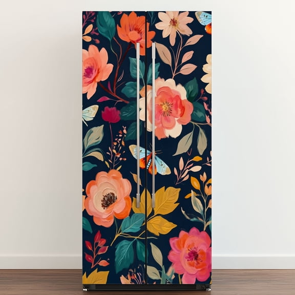 Self Adhesive Vinyl Refrigerator Wrap Set Floral Navy Pink Orange Home Large Daisy Like Flowers Door Mural Removable Fridge Sticker Peel and Stick&nbsp;Full Door Cover Decal Kitchen Bar Decor