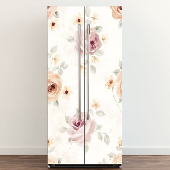 Self Adhesive Vinyl Refrigerator Wrap Set Floral Pink Vintage Rose Flower Roses Small Flowers Soft Door Mural Removable Fridge Sticker Peel and Stick&nbsp;Full Door Cover Decal Kitchen Bar Decor