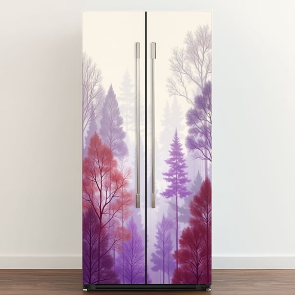 Self Adhesive Vinyl Refrigerator Wrap Set Forest Trees Misty Pastel Pink Purple Woodland Landscape Door Mural Removable Fridge Sticker Peel and Stick Full Door Cover Decal Kitchen Bar Decor