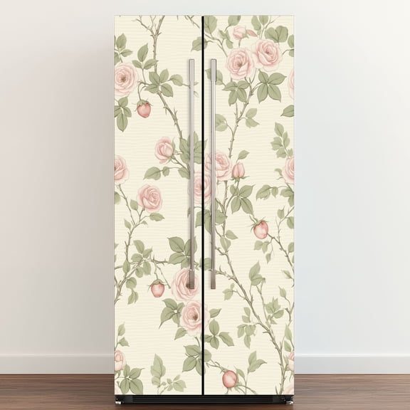 Self Adhesive Vinyl Refrigerator Wrap Set French Country Vintage Pink Floral Roses Vines Leaves Floral Door Mural Removable Fridge Sticker Peel and Stick Full Door Cover Decal Kitchen Bar Decor