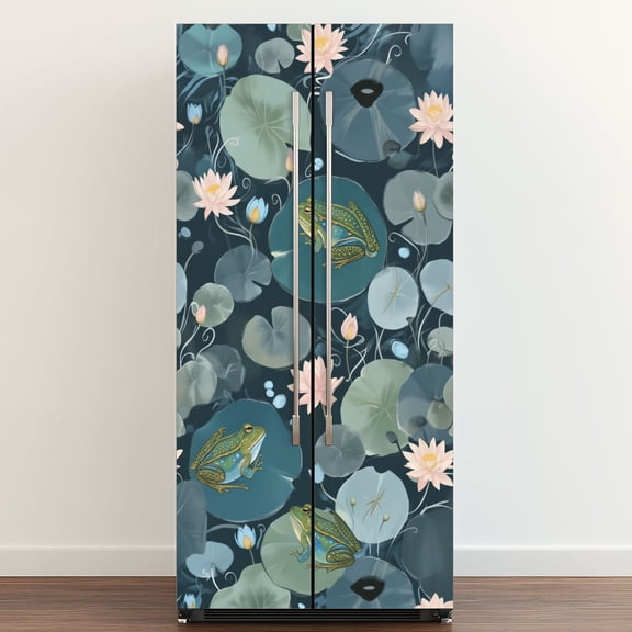 Self Adhesive Vinyl Refrigerator Wrap Set Frogs Lily Pads Pink Blue Lotus Flowers Serene Pond Door Mural Removable Fridge Sticker Peel and Stick&nbsp;Full Door Cover Decal Kitchen Bar Decor