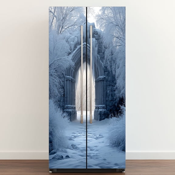 Self Adhesive Vinyl Refrigerator Wrap Set Frozen Winter Gateway Snow Covered Arch Icicles Door Mural Removable Fridge Sticker Peel and Stick Full Door Cover Decal Kitchen Bar Decor