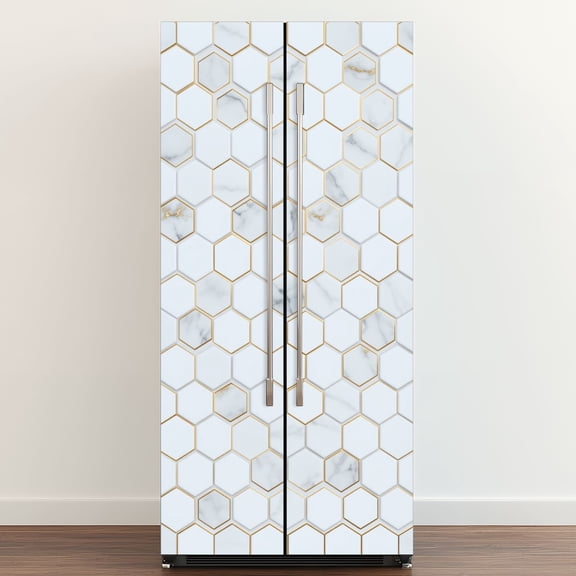 Self Adhesive Vinyl Refrigerator Wrap Set Geometric Hexagon Hexagonal Shapes Golden Lines White Door Mural Removable Fridge Sticker Peel and Stick Full Door Cover Decal Kitchen Bar Decor