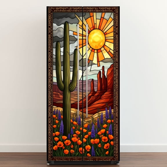 Self Adhesive Vinyl Refrigerator Wrap Set Geometric Patterned Stained Glass Window Inspired Desert Door Mural Removable Fridge Sticker Peel and Stick Full Door Cover Decal Kitchen Bar Decor