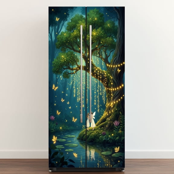 Self Adhesive Vinyl Refrigerator Wrap Set Glow Forest Fairies Luminescent Willow Tree Door Mural Removable Fridge Sticker Peel and Stick Full Door Cover Decal Kitchen Bar Decor
