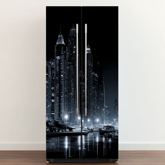 Self Adhesive Vinyl Refrigerator Wrap Set Glowing Chicago Skyline Door Mural Removable Fridge Sticker Peel and Stick Full Door Cover Decal Kitchen Bar Decor