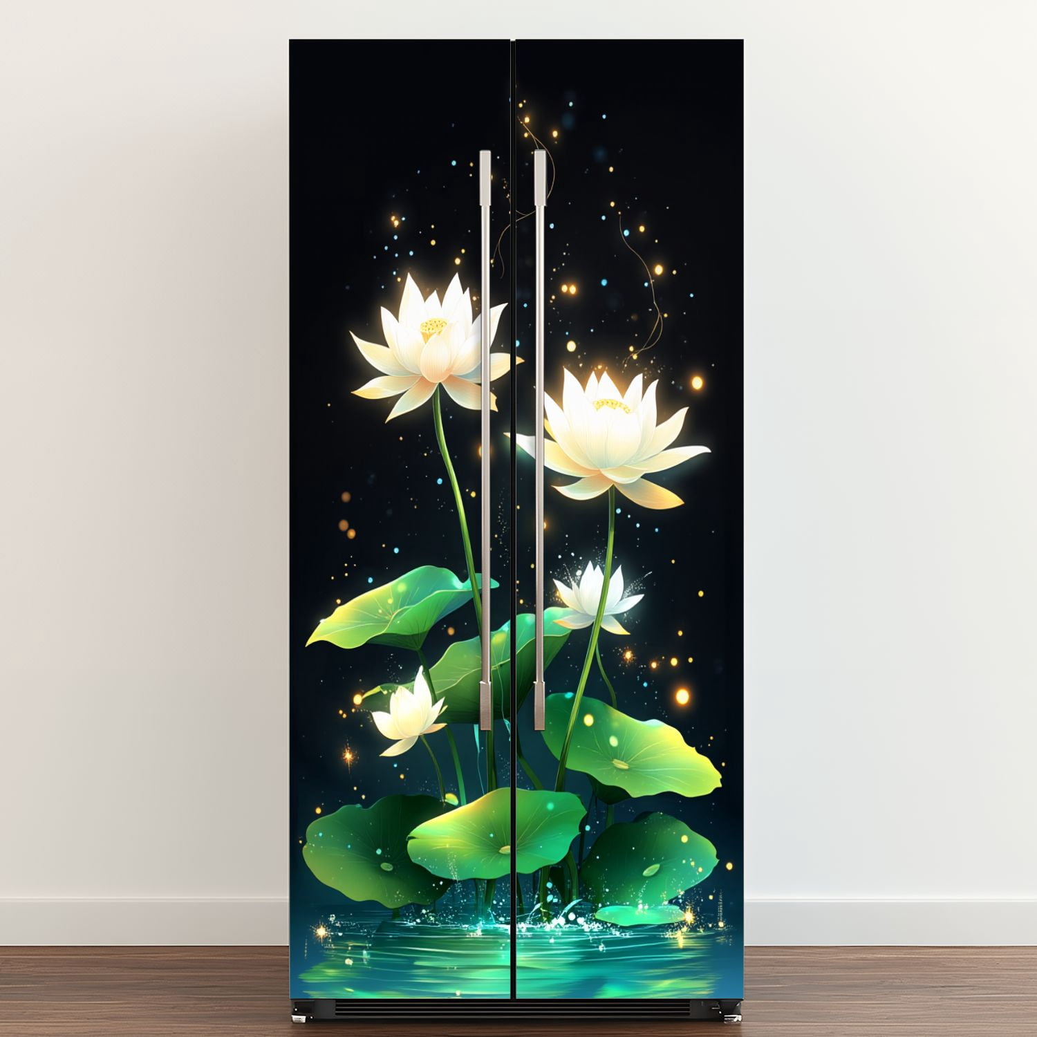 Self Adhesive Vinyl Refrigerator Wrap Set Glowing Lotus Flowers Tranquil Water Sparkling Spiritual Door Mural Removable Fridge Sticker Peel and Stick&nbsp;Full Door Cover Decal Kitchen Bar Decor