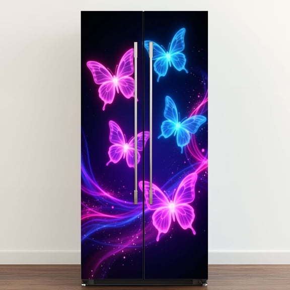 Self Adhesive Vinyl Refrigerator Wrap Set Glowing Neon Butterflies Vibrant Purple Blue Swirls Door Mural Removable Fridge Sticker Peel and Stick Full Door Cover Decal Kitchen Bar Decor