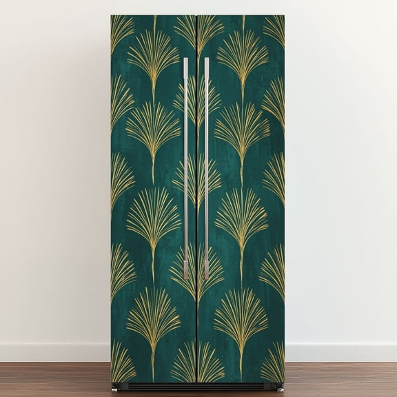 Self Adhesive Vinyl Refrigerator Wrap Set Gold Art Fan Palm Emerald Green Door Mural Removable Fridge Sticker Peel and Stick Full Door Cover Decal Kitchen Bar Decor